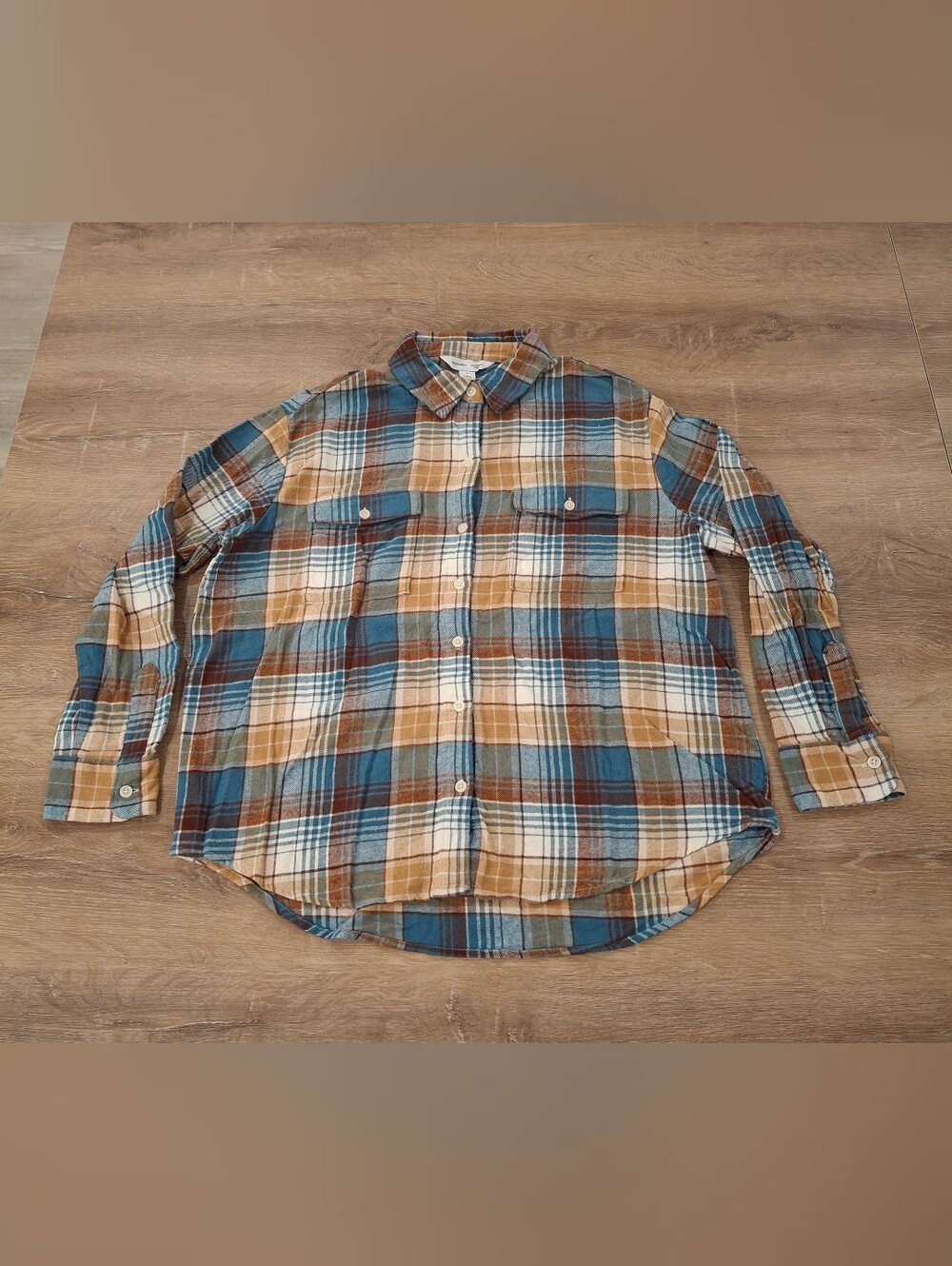 Old Navy The Boyfriend Shirt Plaid Flannel Women's Medium Teal Brown
